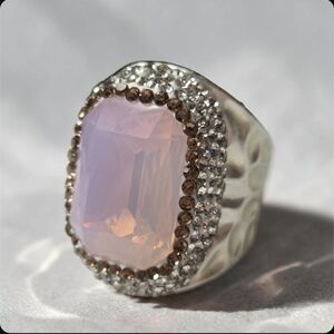Chunky Hammered Silver Pink Opal Candy Crystal Wide Band Statement Ring